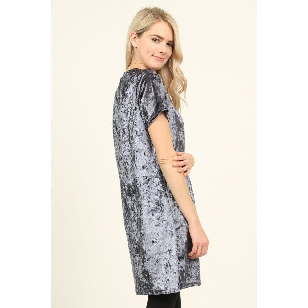 Bobeau Gray Crushed Velvet Shift Dress w/Pockets Size M Short Sleeves Velour